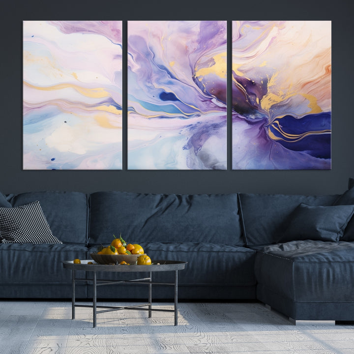 In the modern living room, a captivating Purple Color Abstract Wall Art Print graces the walls, mounted on museum-quality canvas, infusing the space with an artistic flair.