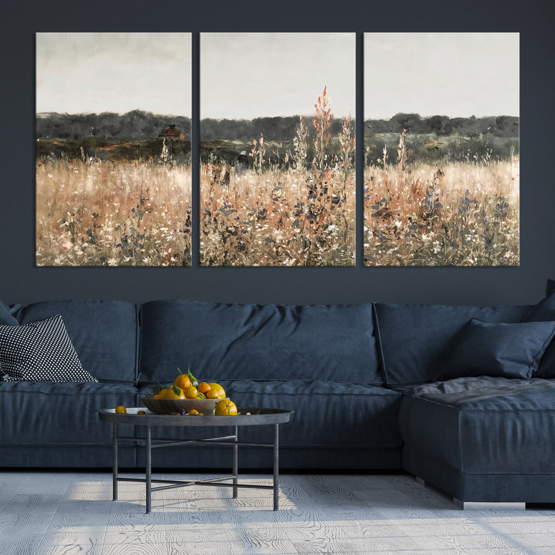 Abstract Field Wall Art Canvas Print, Landscape Wall Art Wildflower Field Countryside Landscape Home Decor