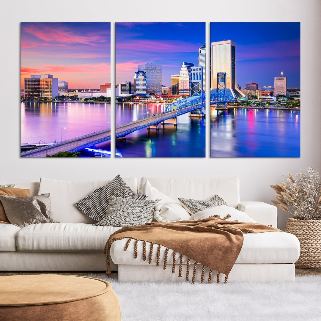 The Jacksonville Wall Art Canvas Print, showcasing the Jacksonville cityscape over a river at sunset, is elegantly crafted on museum-quality canvas with a UV-protective coating. Ready to hang, it elevates your space with its sophisticated charm.