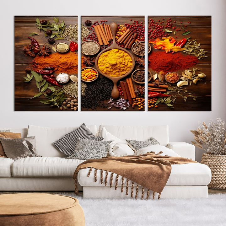 The wall art, an Abstract Spoonful of Spice Art Print triptych, is crafted on museum-quality canvas with a UV-protective coating, ensuring lasting brilliance. Ready to hang, it showcases an array of colorful spices and herbs.