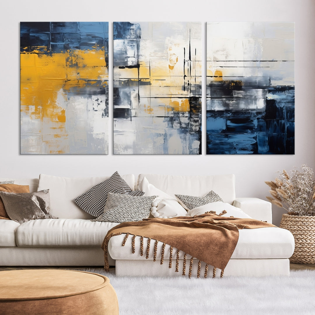 The Yellow Orange Blue Abstract Wall Art Print on gallery-wrapped, museum-quality canvases adds a vibrant touch to the room.