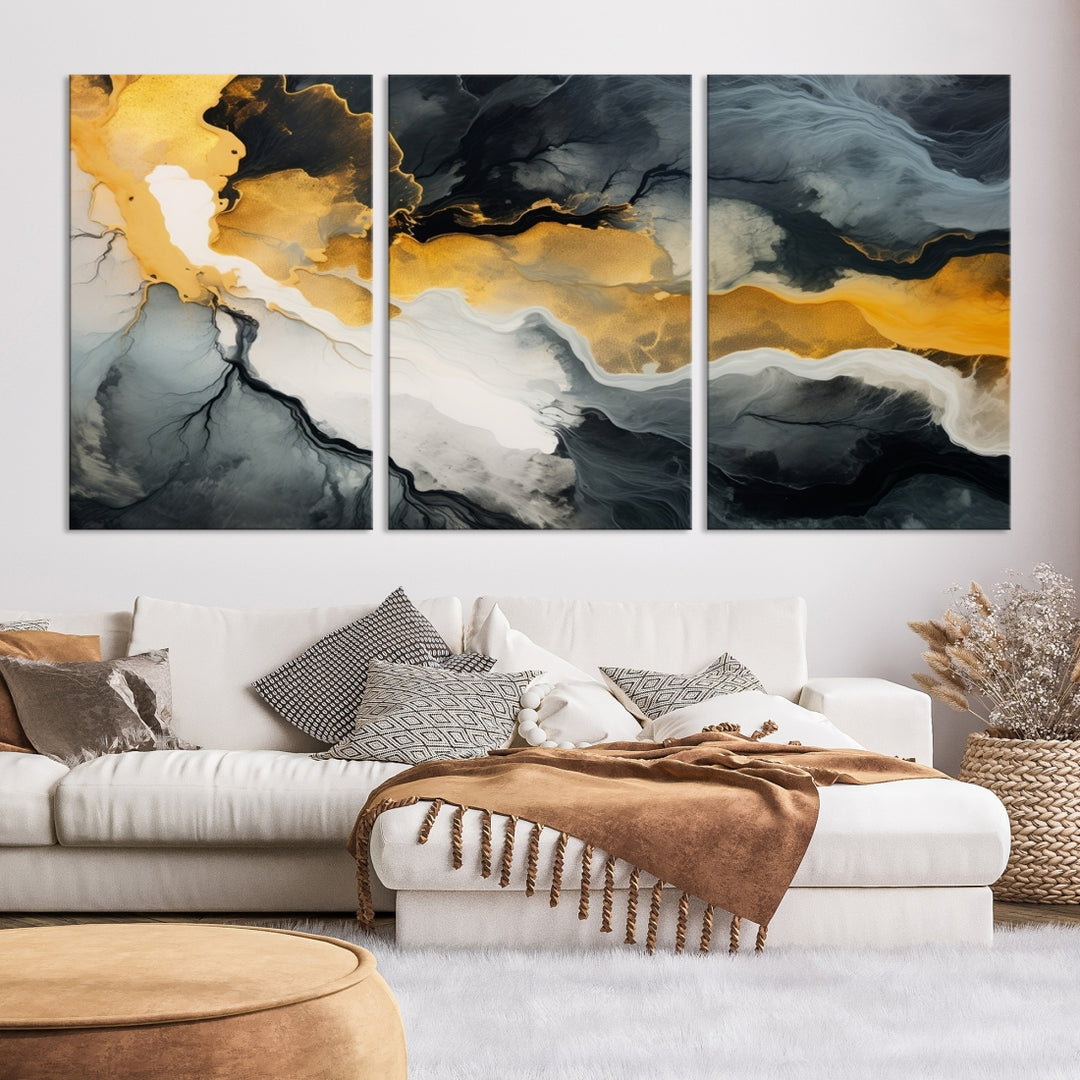 The Smoke Gray Green Golden Abstract Contemporary Art Canvas beautifully enhances a modern living room. Created on museum-quality canvas, this ready-to-hang artwork guarantees longevity and sophistication, perfectly aligning with the contemporary aesthetic.