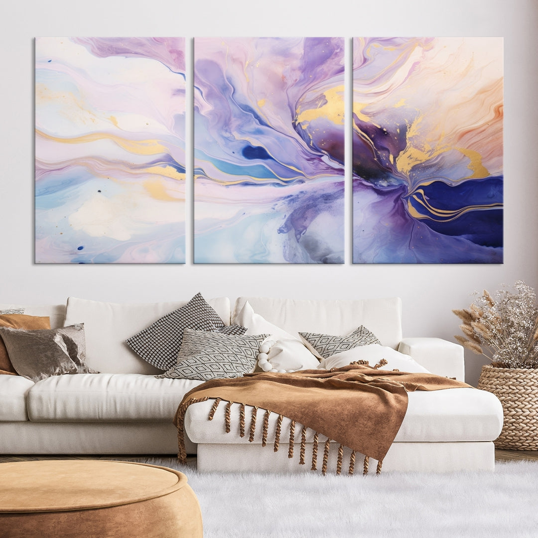 In the modern living room, a captivating Purple Color Abstract Wall Art Print graces the walls, mounted on museum-quality canvas, infusing the space with an artistic flair.