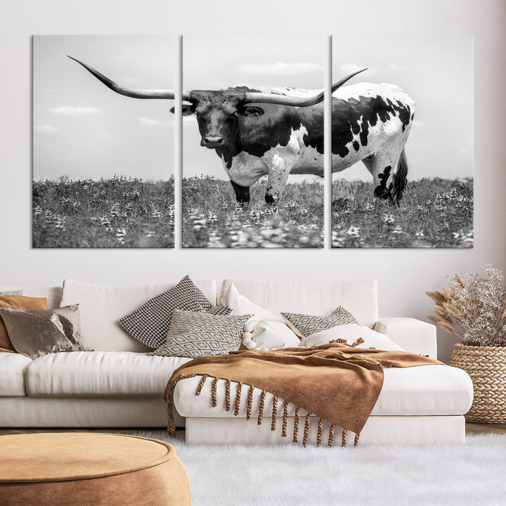 Texas Black White Highland Longhorn Cow Wall Art Canvas Print