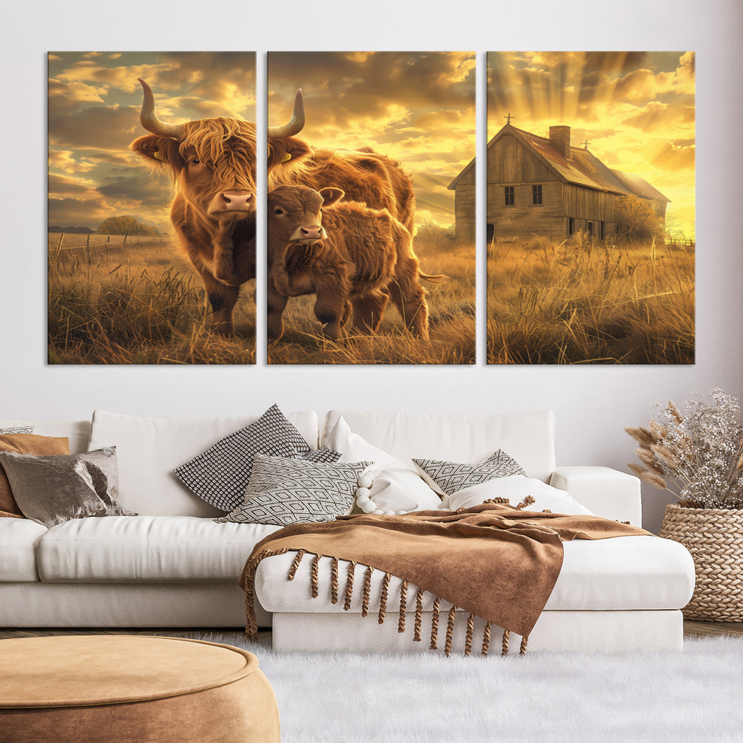 Barn and Highland Cow Canvas Wall Art Animal Print