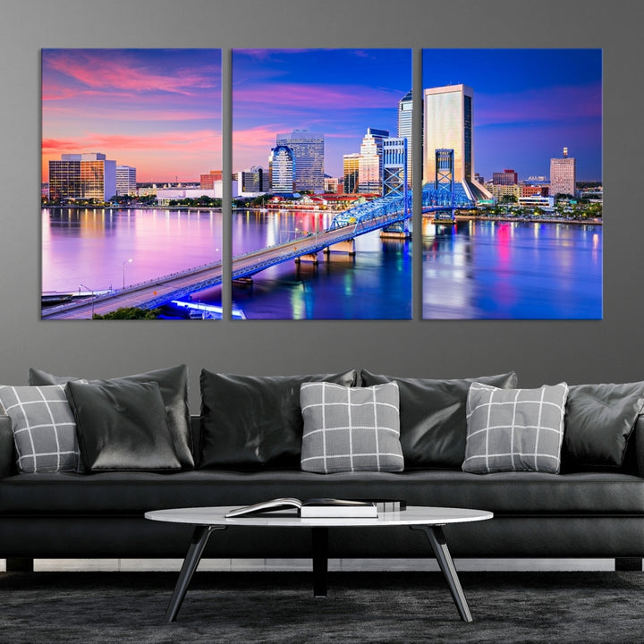 The Jacksonville Wall Art Canvas Print, showcasing the Jacksonville cityscape over a river at sunset, is elegantly crafted on museum-quality canvas with a UV-protective coating. Ready to hang, it elevates your space with its sophisticated charm.