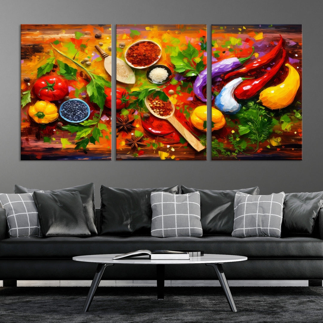 The "Herbs and Spices Culinary Art Foodie Kitchen Art" is a vibrant three-panel painting depicting various vegetables and spices on a wooden background, crafted on museum-quality canvas.