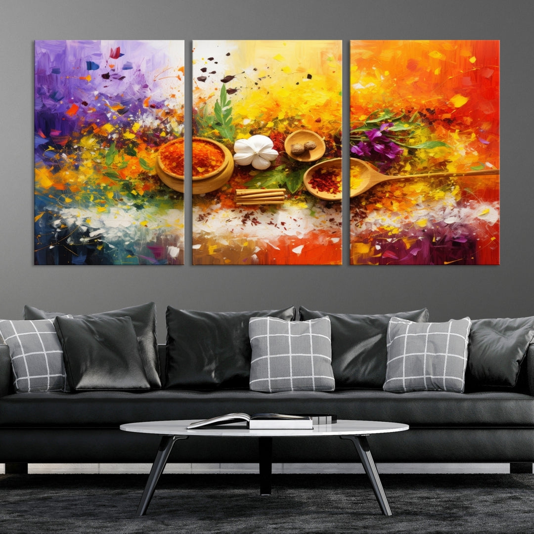 The Abstract Spoonful of Spice Art Print Kitchen Wall, featuring a colorful triptych design of spices and herbs on museum-quality canvas with a UV-protective coating, enhances the modern living room. It's ready to hang, adding a vibrant touch to the space.