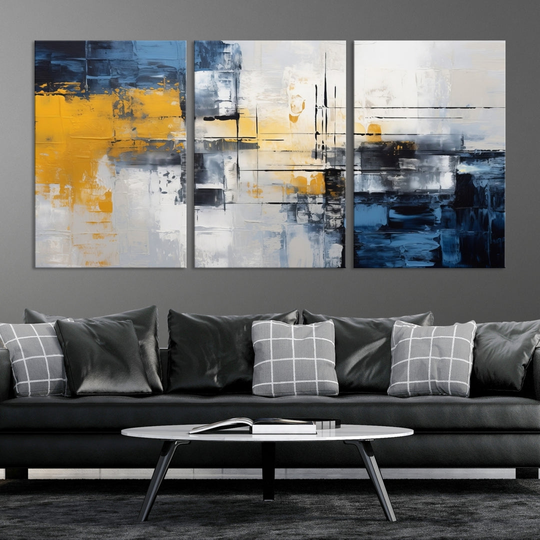 The Yellow Orange Blue Abstract Wall Art Print on gallery-wrapped, museum-quality canvases adds a vibrant touch to the room.