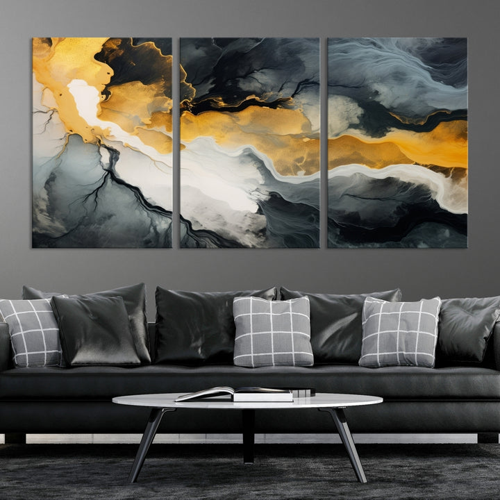 The Smoke Gray Green Golden Abstract Contemporary Art Canvas beautifully enhances a modern living room. Created on museum-quality canvas, this ready-to-hang artwork guarantees longevity and sophistication, perfectly aligning with the contemporary aesthetic.