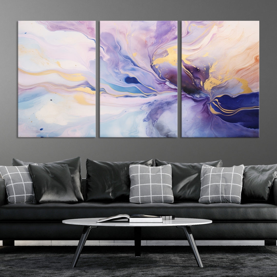 In the modern living room, a captivating Purple Color Abstract Wall Art Print graces the walls, mounted on museum-quality canvas, infusing the space with an artistic flair.