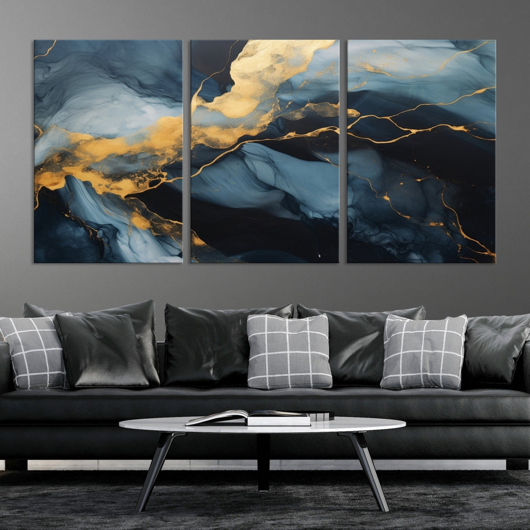 Contemporary artwork print featuring abstract blue and gold swirls on gallery wrapped, museum-quality canvas.