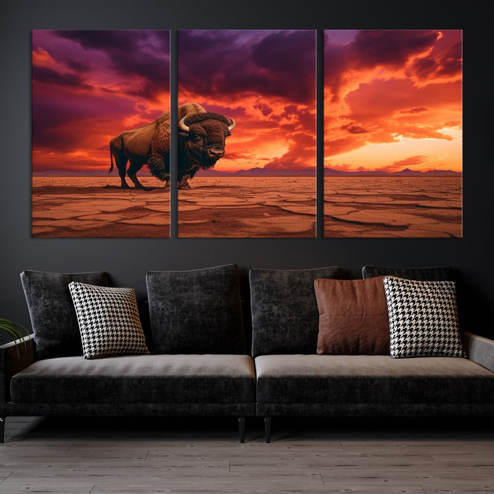 Alone Buffalo on Red Sunset Wall Art Canvas Print