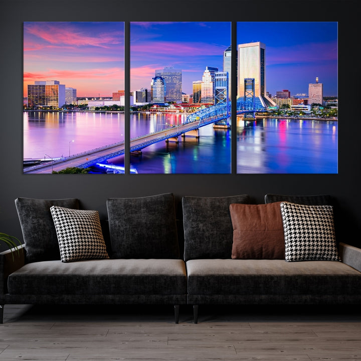 The Jacksonville Wall Art Canvas Print, showcasing the Jacksonville cityscape over a river at sunset, is elegantly crafted on museum-quality canvas with a UV-protective coating. Ready to hang, it elevates your space with its sophisticated charm.