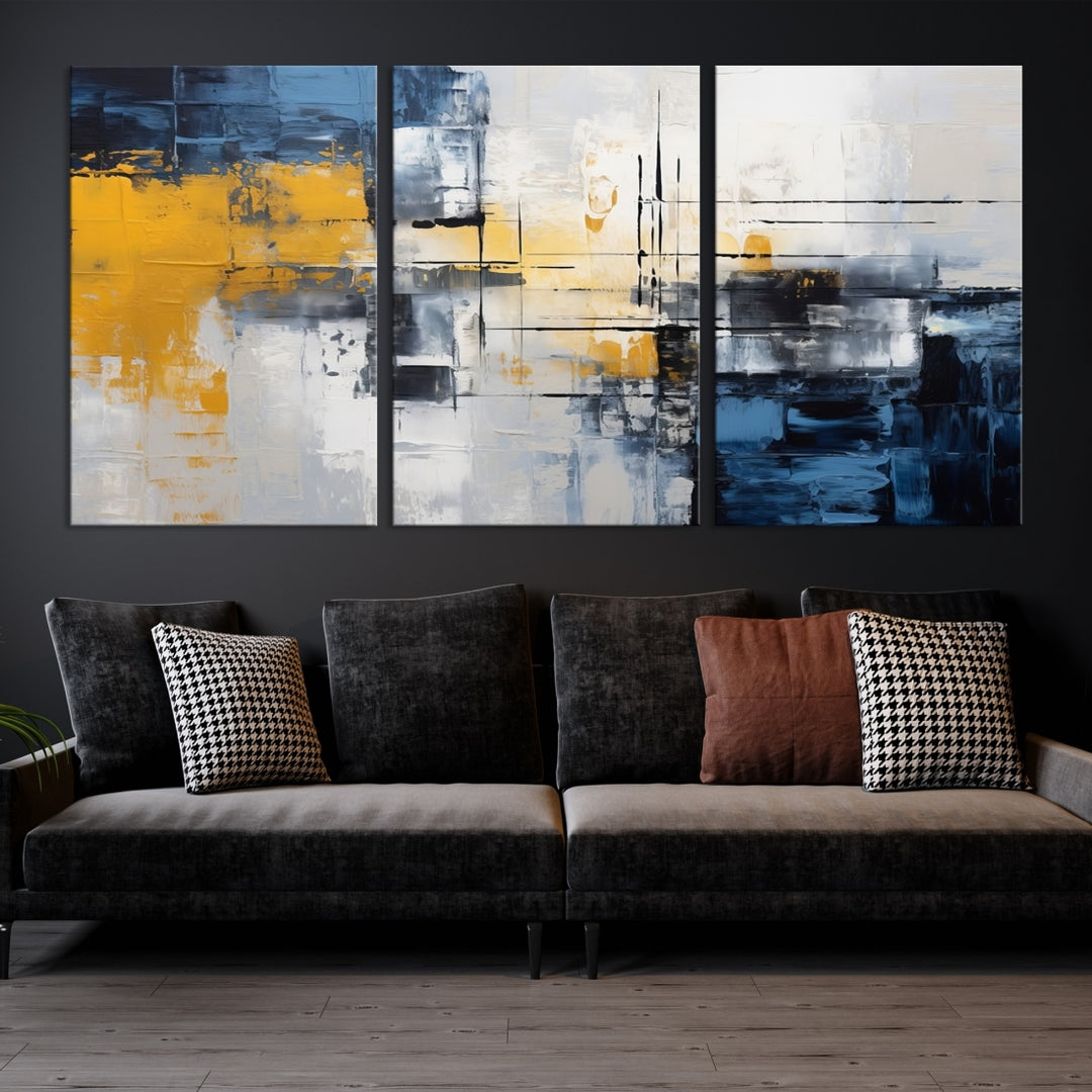 The Yellow Orange Blue Abstract Wall Art Print on gallery-wrapped, museum-quality canvases adds a vibrant touch to the room.