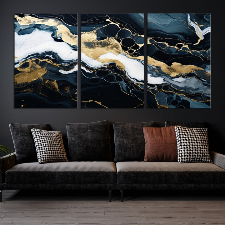 Fluid Marble Abstract Wall Art Print, a contemporary piece with black, white, and gold swirls on museum-quality canvas.