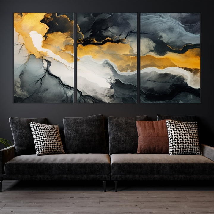 The Smoke Gray Green Golden Abstract Contemporary Art Canvas beautifully enhances a modern living room. Created on museum-quality canvas, this ready-to-hang artwork guarantees longevity and sophistication, perfectly aligning with the contemporary aesthetic.