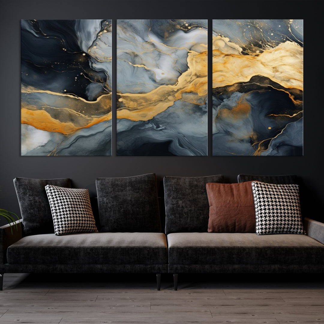 The living room features the Golden Gray Abstract Wall Art Print Contemporary Art Canvas Design, a triptych showcasing gold, black, and gray swirls. Crafted on museum-quality canvas and ready to hang, this piece is designed for elegance and durability.