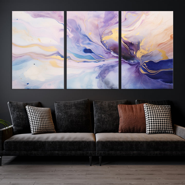 In the modern living room, a captivating Purple Color Abstract Wall Art Print graces the walls, mounted on museum-quality canvas, infusing the space with an artistic flair.