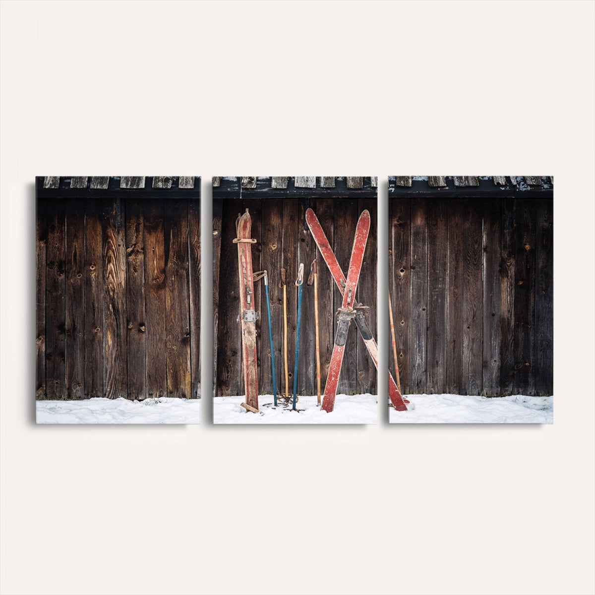 78590-MGV-CV-36X24 - Vintage Ski Gear Canvas Print, Vintage Ski Gear Against Wooden Cabin Wall