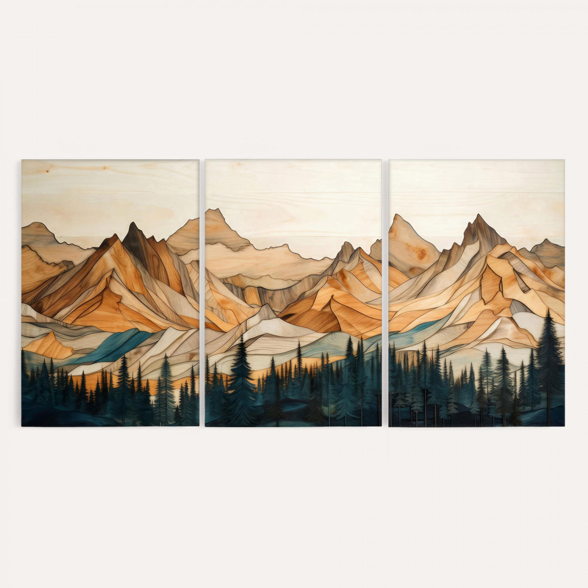 31576-PAN-FL-20X10 - Rustic Wood Mountain Wall Art Print | Triptych Giclee Print Featuring Handcrafted Forest and