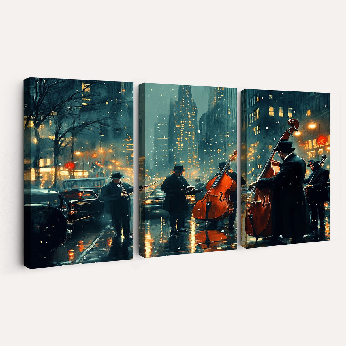 53391-MGV-CV-24X16 - Urban Night Jazz Wall Art Canvas Print | Moody Rain Soaked City Street Band Scene