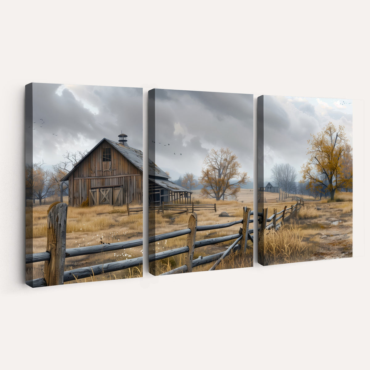 Farm1-MGV-CV-24X16 - Rustic Autumn Farmhouse Wall Art Canvas Print | Serene Countryside with Weathered Barn