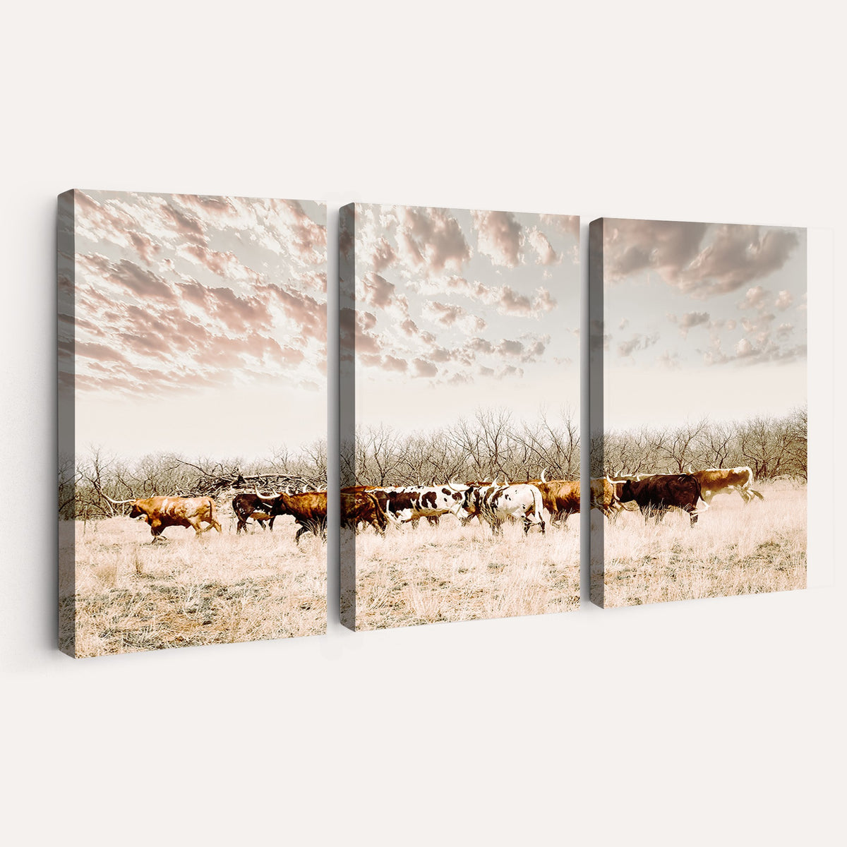 64892775-MGV-CV-24X16 - Longhorn Cattle Wall Art Canvas Print, Framed Texas Ranch Art, Western Cow Print, Prairie Landscape Decor