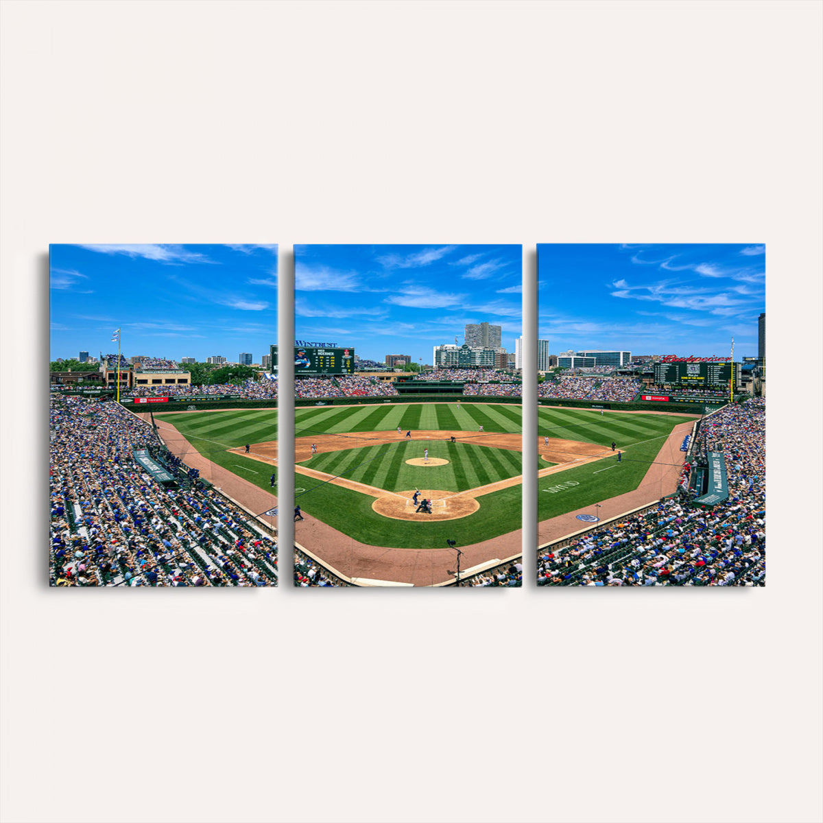 35800083-MGV-CV-36X24 - Wrigley Field Baseball Stadium Canvas Wall Art, Packed Crowd and Chicago Skyline