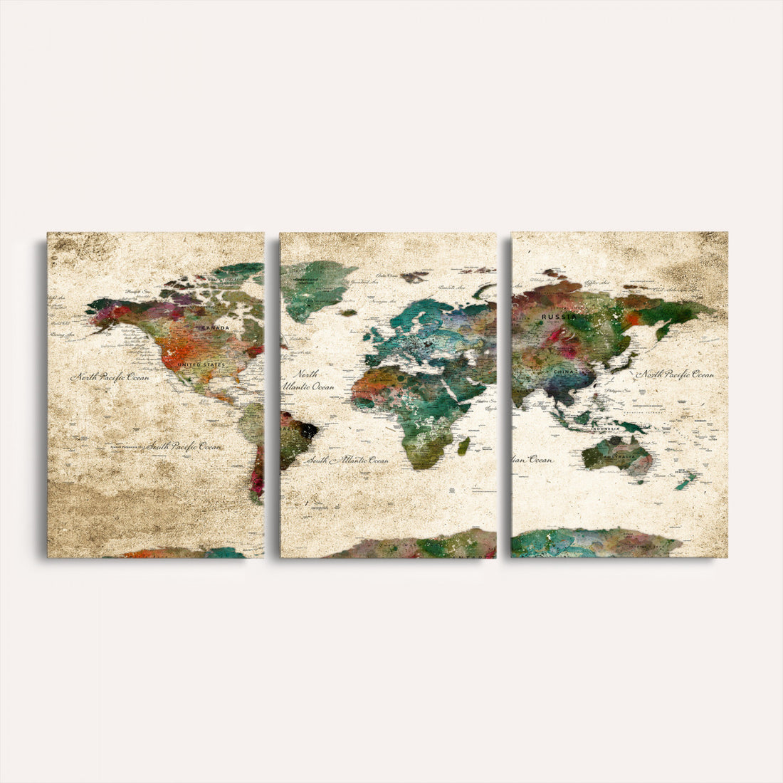 Colorful Grunge World Map Canvas Print | Framed Detailed Map of the World