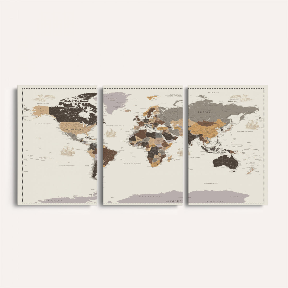 58777746-MGV-CV-36X24 - Custom Beige Modern Push Pin World Map Canvas Print, Places Visited Tracker, Bedroom and Study Decor