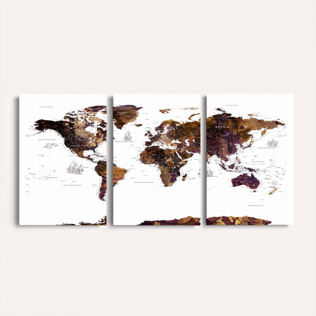 Rustic World Map Wall Art Canvas Print | Large Vintage Blue World Map on Wood Grain Style Background