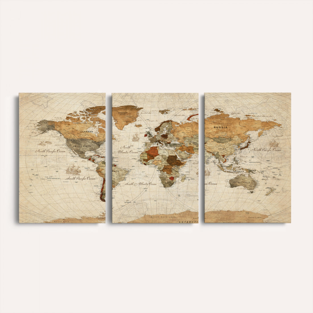 Vintage World Map Canvas Print, Framed Rustic Detailed Map of the World, Explorer Decor