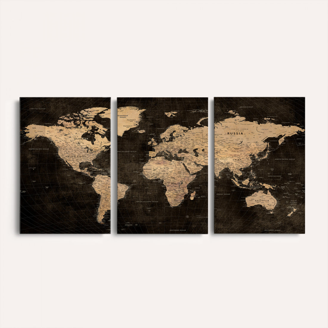Brown World Map Canvas Print | Modern Travel Map Wall Art