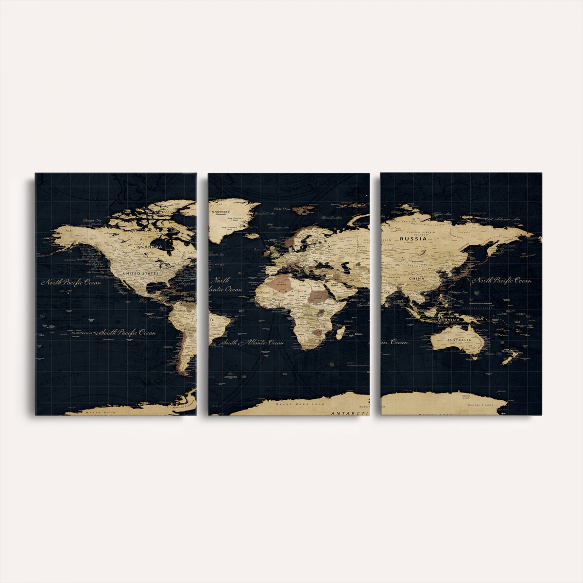45063434-MGV-CV-36X24 - Dark World Map Canvas Wall Art Print, Minimal Black and Gold Map