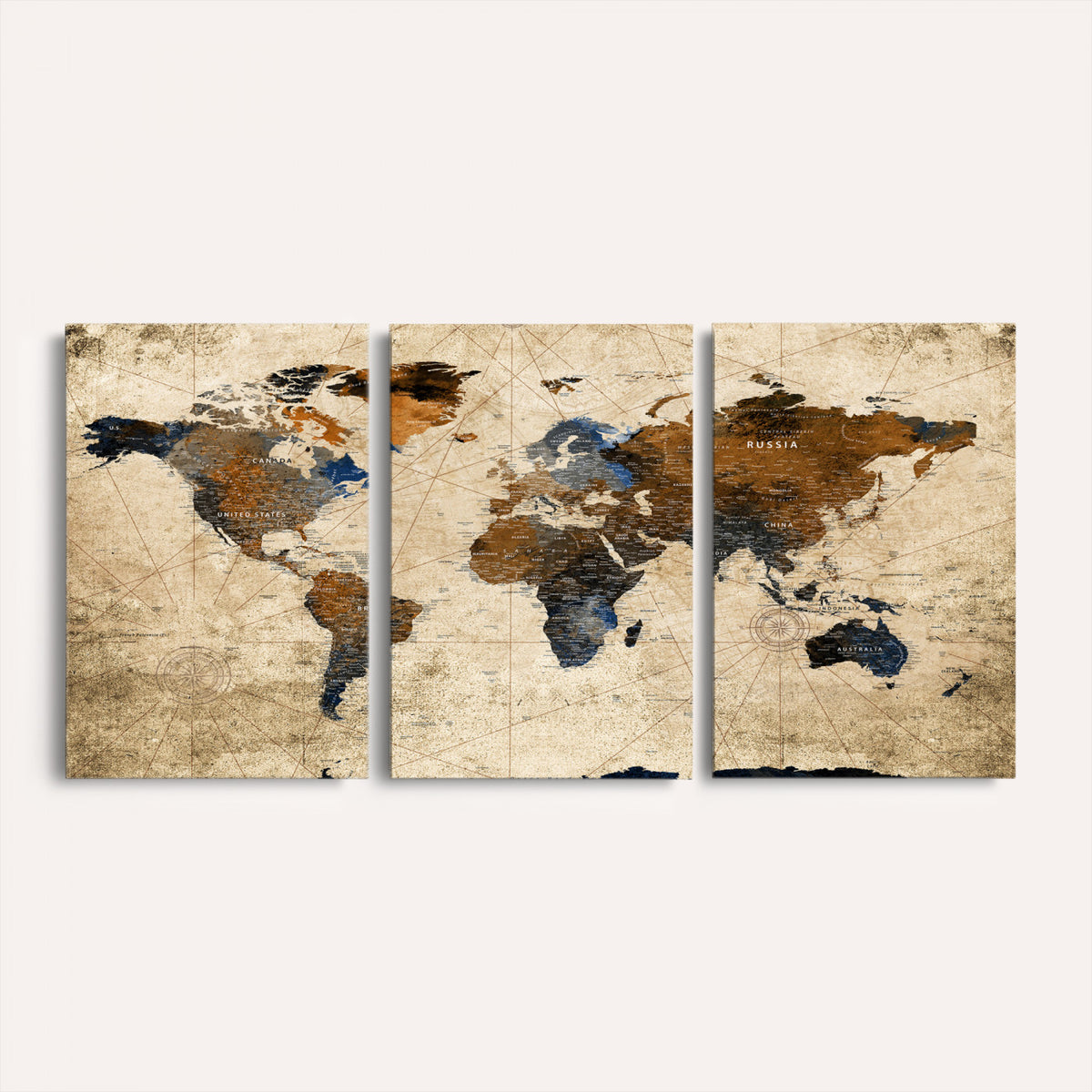 27163414-MGV-CV-36X24 - World Map Wall Art – Rustic Earth Tone Canvas Print, Antique
