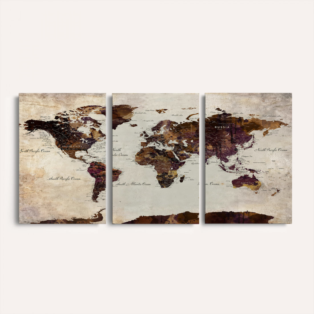 World Map Canvas Triptych | Colorful Global Wall Art for Living Rooms