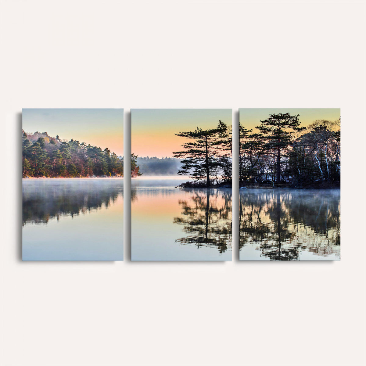 34236027-MGV-CV-36X24 - Before People Wake Canvas Wall Art Print, Misty Lake Sunrise Landscape, Forest Reflection Nature Decor, Ready to Hang