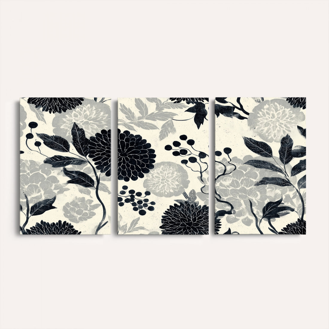 Traditional Chinese Pattern Canvas Wall Art, Vintage Chinoiserie Peony Print, Antique Black Grey Japandi Decor