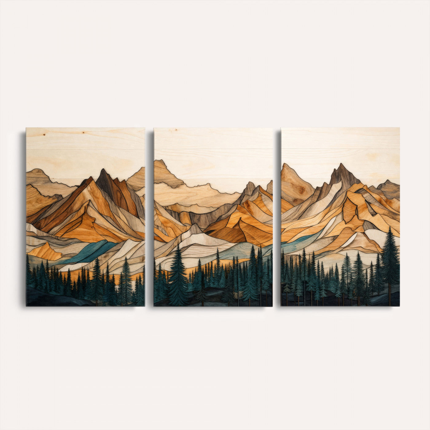 57384313-MGV-CV-60X30-3P - Mountain Landscape Canvas Wall Art with Wood Grain Effect, Golden Peaks and Teal Pine Forest, Framed Cabin Decor