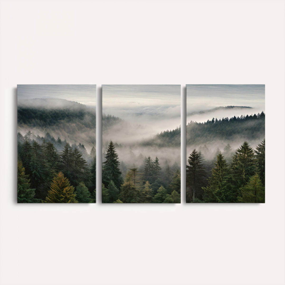38409495-_Poster-30x20 - Misty Pine Valley Mountain Canvas Print 3 Piece Framed Wall Art Extra Large Floating Frame Nature Poster Made in USA