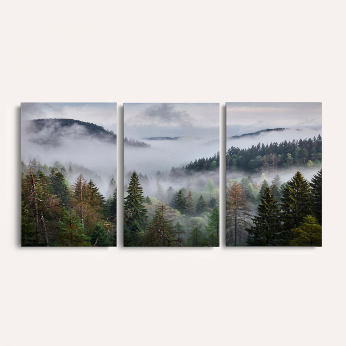 18735847-_Poster-30x20 - Foggy Pine Forest Mountain Canvas Print 3 Piece Framed Wall Art Extra Large Floating Frame Nature Poster Made in USA