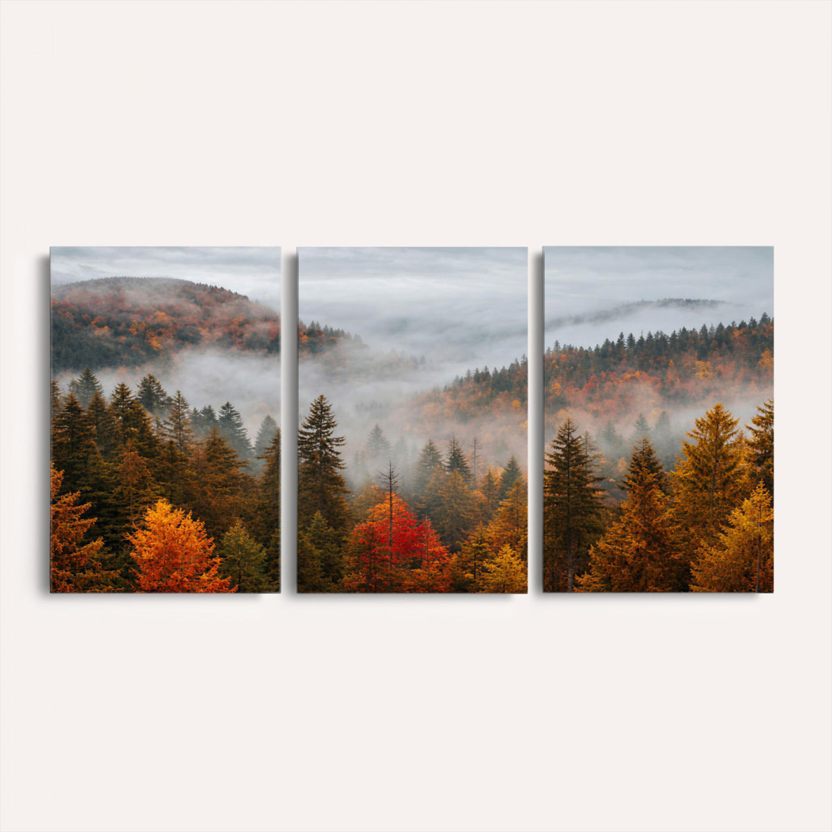 87481341-_Poster-30x20 - Foggy Autumn Mountain Canvas Print Smoky Pine Forest Wall Art Panoramic Nature Poster 3 Piece Made in USA