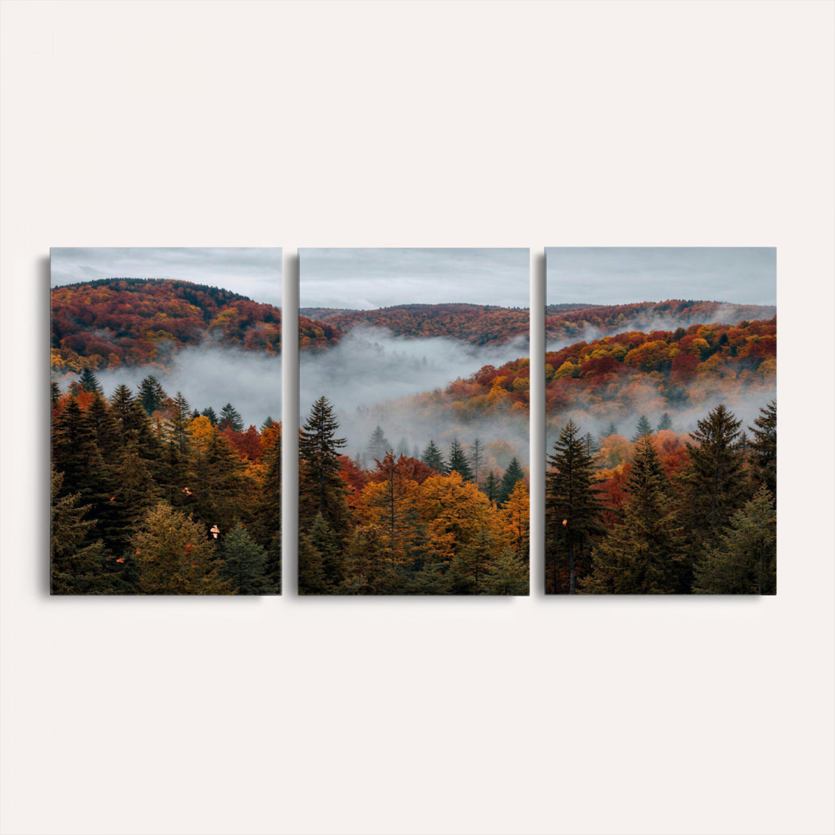 26686263-_Poster-30x20 - Misty Autumn Forest Mountain Canvas Print 3 Panel Wall Art Gallery Wrapped Floating Frame Poster Made in USA