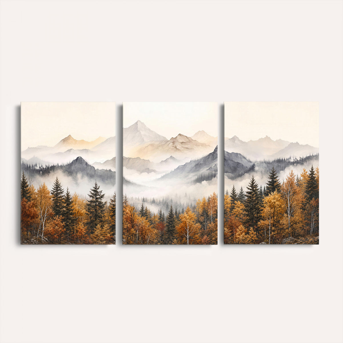 19544118-MGV-TP-30X20 - Misty Mountain Autumn Forest Canvas Wall Art - Watercolor Fall Nature Landscape Print