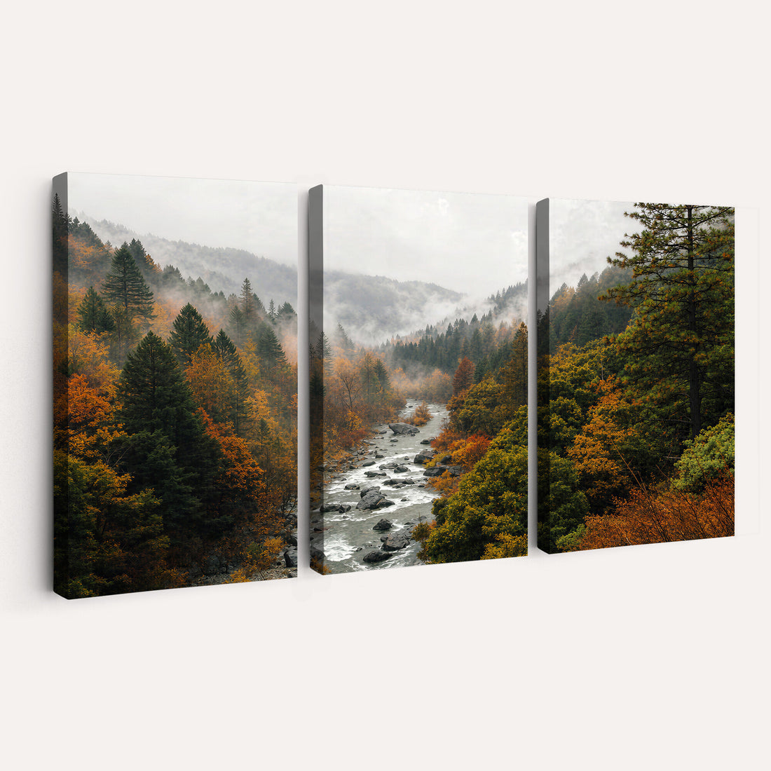 Misty River Mountain Valley Canvas Wall Art - Autumn Forest Landscape Nature Print