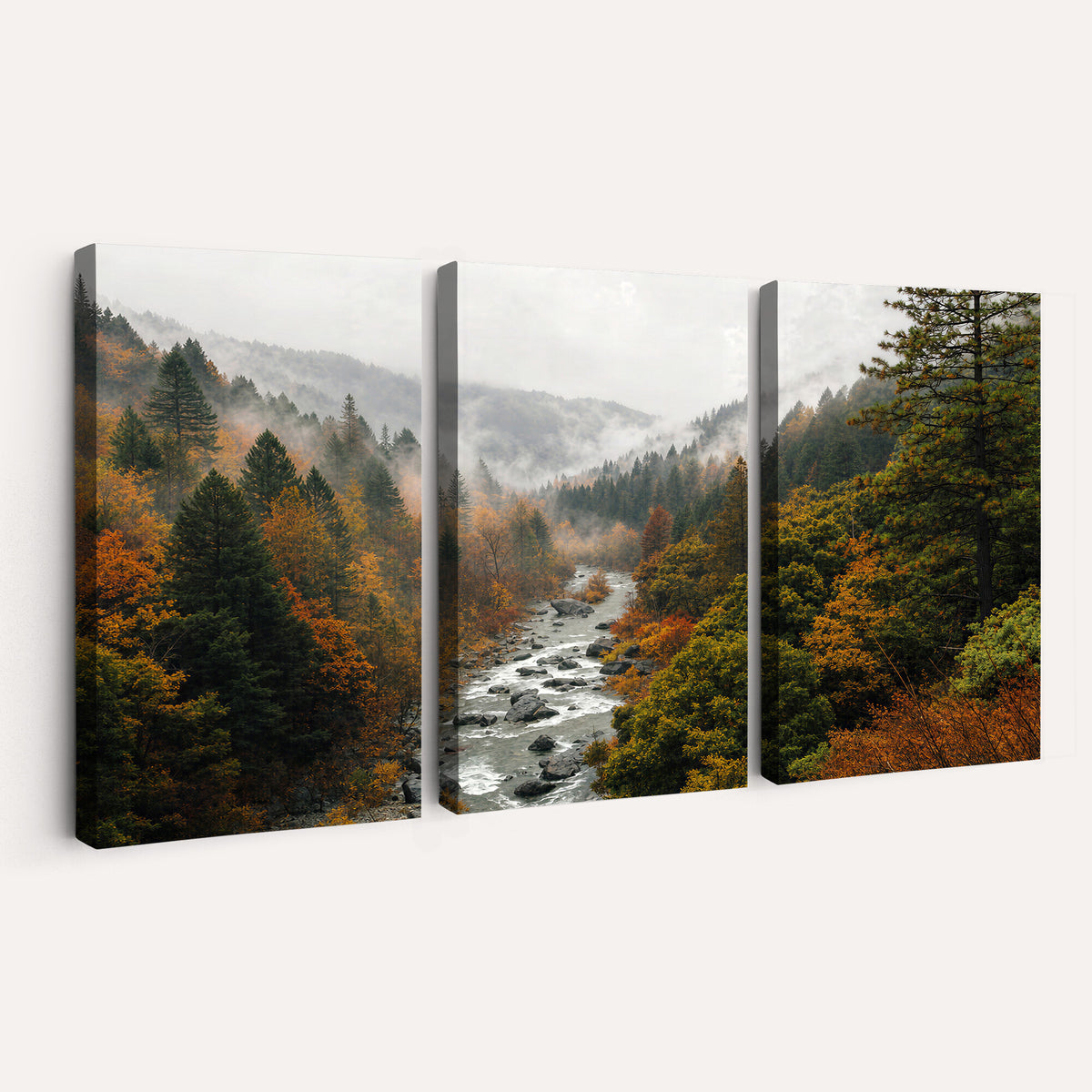 95540697-MGV-TP-30X20 - Misty River Mountain Valley Canvas Wall Art - Autumn Forest Landscape Nature Print