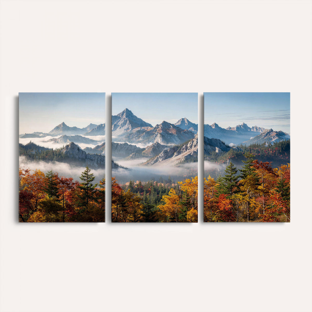 38847944-MGV-TP-30X20 - Majestic Mountain Peak Canvas Wall Art - Panoramic Autumn Forest Fog Landscape Print