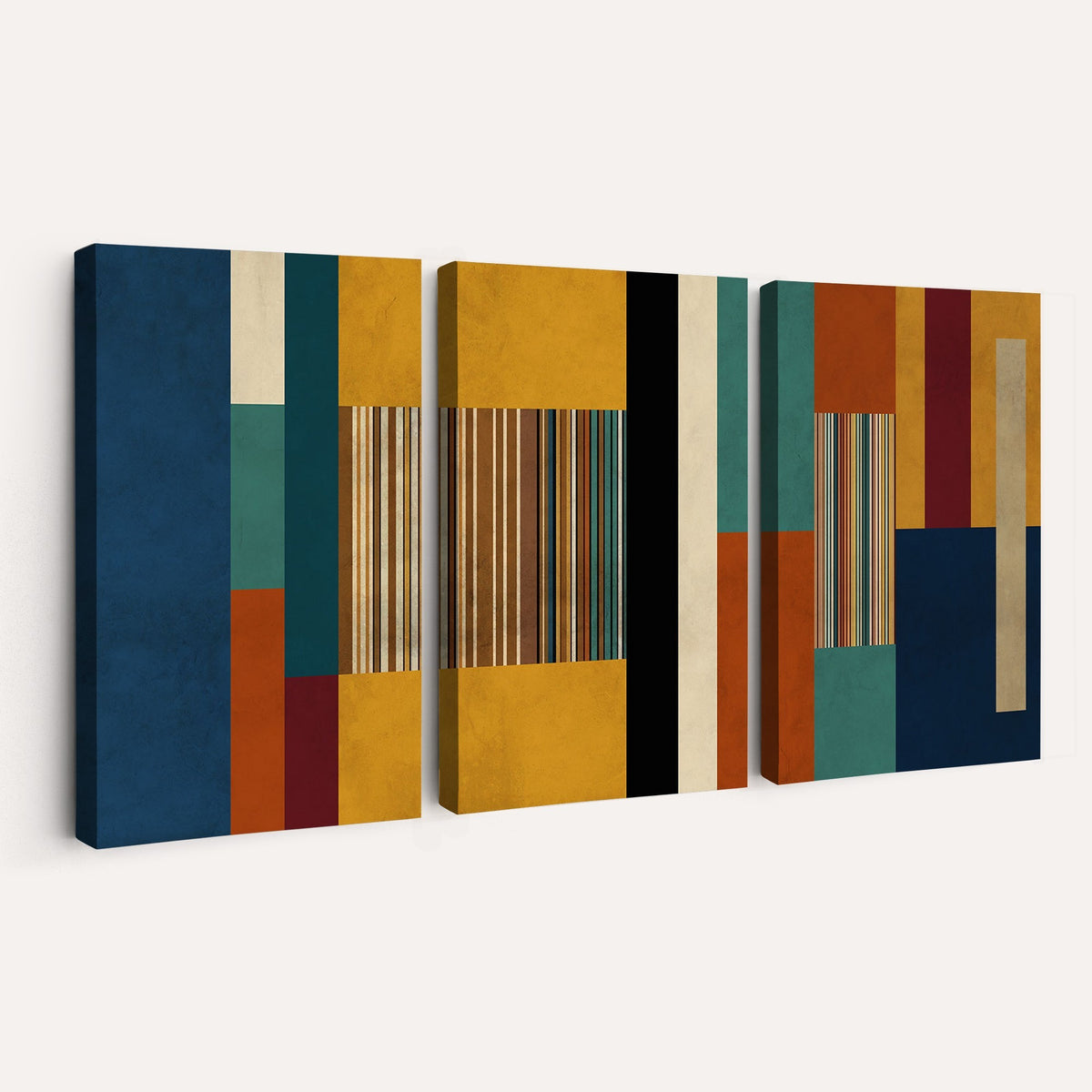 53992657-MGV-CV-48X32-3P - Mid Century Abstract Color Block Canvas Wall Art, Geometric Striped Canvas Print