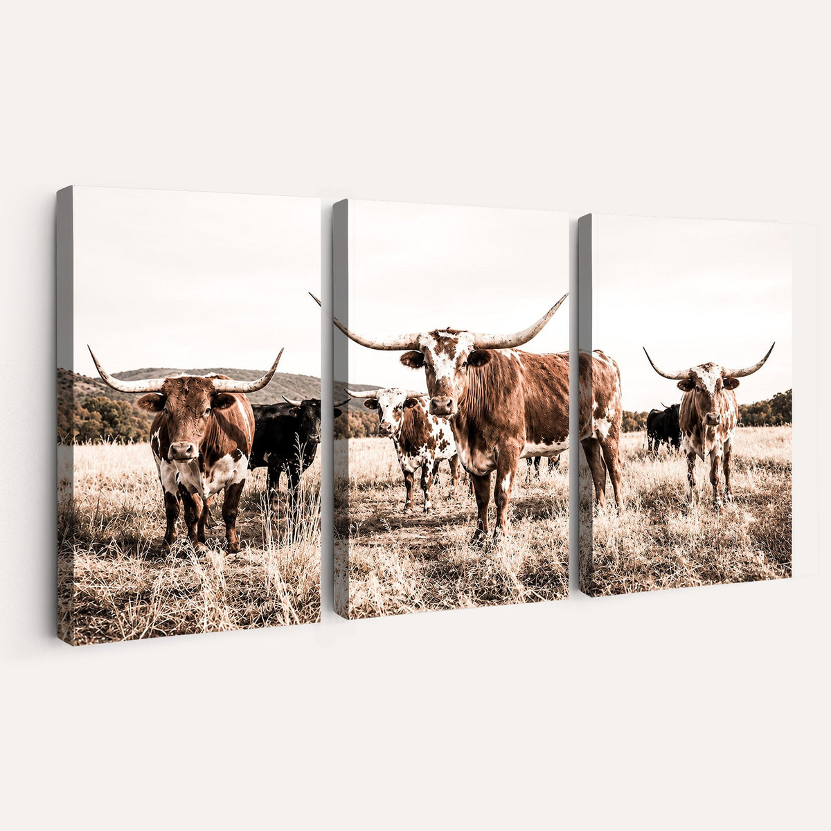 25234808-MGV-CV-48X32-3P - Texas Longhorn Cattle Canvas Wall Art, Western Ranch Home Decor